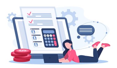 Vergisi olan kadın. Bilgisayar ekranının yanında hesap makinesi olan genç bir kız. İş kadını ve muhasebeci masrafları ve gelirleri hesaplar. Bütçe ve muhasebe. Düz vektör illüstrasyonu