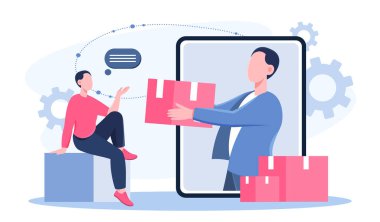 Lojistik dağıtım konsepti. Akıllı telefon ekranında elinde karton kutu olan bir adam. Malların nakliyesi ve nakliyesi. İşten işe. Uluslararası ticaret. Düz vektör illüstrasyonu