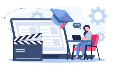 Senarist çevrimiçi servis. Tablet ve el çırpma tahtasının yanında dizüstü bilgisayarı olan kadın. Senarist seriler için senaryolar yazıyor. Film ve film endüstrisi. Yetenekli bir yazar. Düz vektör illüstrasyonu