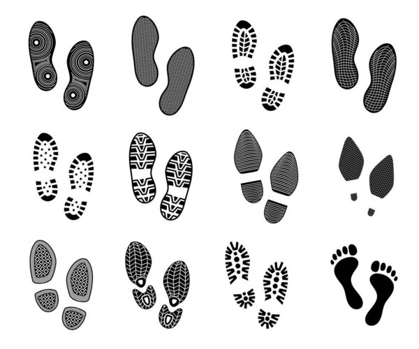 Set of footprints. Men and women foot prints. Barefoot and shoes traces. Silhouette of sneakers and boots. Casual and formal footwear. Flat vector collection isolated on dark background