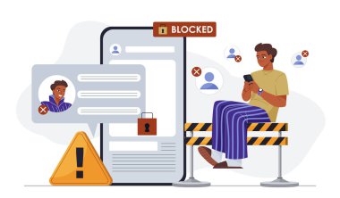 Kullanıcı hesabı bloke edildi. Akıllı telefonlu bir adam sosyal medya profiline girmeye çalışıyor. Kullanıcının hesaba erişimi engellendi. Güvenlik ve kişisel veri koruma sistemi. Düz vektör illüstrasyonu