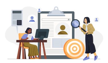 İK yöneticileri adayları yeniden değerlendiriyor. Büyüteci olan kadınlar boş yer için adayların özgeçmişlerini değerlendirir. Kelle avcılığı ve adam toplama, işe alım ve iş. Düz vektör illüstrasyonu