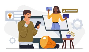 İnsanlar fikir üretir. Erkek ve kadın ampulün yanında. İşbirliği ve işbirliği, beyin fırtınası. İş arkadaşları yeni bir başlangıç ya da iş projesi üzerinde çalışıyor. Düz vektör illüstrasyonu