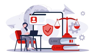 Online kadın yargıç. Dizüstü bilgisayarı olan genç bir kız kitap ve terazi yığınının yanında. Yargı ve adalet. İş yerinde avukat ve noter. Yasal destek. Düz vektör illüstrasyonu