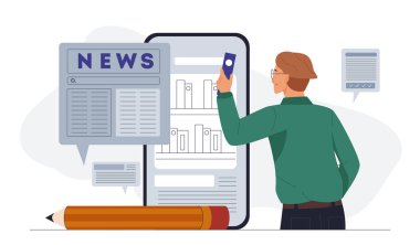 Adam internette haber okuyor. Akıllı telefonu olan genç adam dijital gazete okur. Gazetecilik ve kitlesel medya. İnternet 'teki bilgi içeriği. Küresel politik haberler. Düz vektör illüstrasyonu