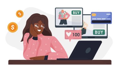 İnternetten alışveriş yapan kadın. Dizüstü bilgisayarı olan genç adam elbiselerini seçer. Nakit para transferleri, ödemeler ve internet işlemleri. Ev teslimatıyla mal satın almak. Düz vektör illüstrasyonu