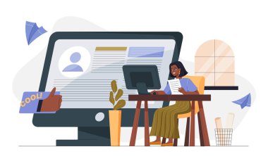 Personel yönetimi konsepti. Bilgisayardaki kadın adayları değerlendiriyor. Kelle avcılığı ve adam toplama, işe alım ve iş. İşçi portföyü. Düz vektör illüstrasyonu