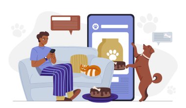 Hayvan hizmetleri çevrimiçi. Akıllı telefonlu bir adam köpeği için internetten yemek alır. İnternetten alışveriş ve ev teslimatı. Nakit para transferleri ve işlemler. Düz vektör illüstrasyonu