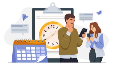 İnsanlar konsept planlıyor. Saatlerin ve takvimin yanında akıllı telefonu olan kadın ve adam. Zaman yönetimi ve programlama, etkin çalışma süreci düzenleme. Düz vektör illüstrasyonu