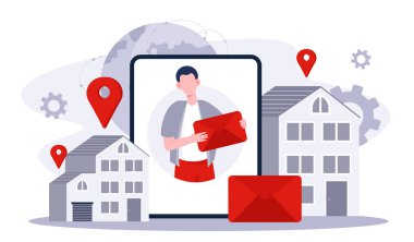 Postacı mesleği devrede. Elinde kırmızı bir zarf olan adam. Posta ve posta servisi. Dostça ya da iş amaçlı yazışmalar. Postacı. Düz vektör illüstrasyonu