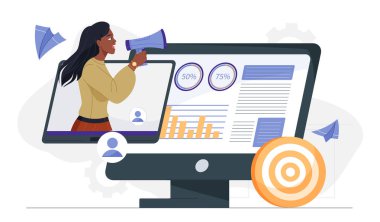 Halkla ilişkiler dijital yönetimi. Hoparlörlü kadın bilgisayar ekranında. Kullanıcı görüşlerinin analizi. İnternette reklam ve pazarlama. Halkla ilişkiler uzmanı. Düz vektör illüstrasyonu