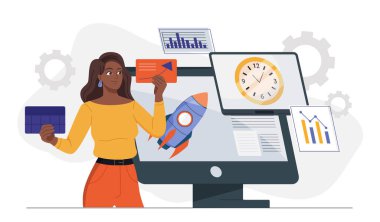 Halkla ilişkiler stratejisi. Bilgisayarın yanında roketli bir kadın. Sosyal ağlarda medya kampanyası. İnternet 'te şirket tanıtımı. İş geliştirme. Düz vektör illüstrasyonu