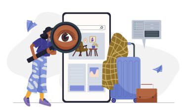 Oda rezervasyonu devrede. Büyüteci olan kadın daireyi kiralamak için seçiyor. Gezginler için mobil uygulama. Turistler seyahate ve tatile hazırlanıyor. Düz vektör illüstrasyonu