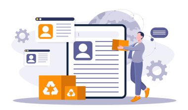 Gönüllü internet konsepti. Belgelerin yanında karton kutuları olan bir adam. Sadaka, cömertlik ve nezaket. Hayır kurumu çalışanı. Kar amacı gütmeyen şirket. Düz vektör illüstrasyonu