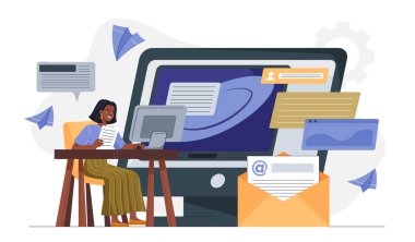 E-posta pazarlamacısı kadın. Bilgisayarda elektronik posta gönderen genç bir kız. İnternet tanıtımı, reklamcılık ve pazarlama. İnternetteki kurumsal yazışmalar. Düz vektör illüstrasyonu
