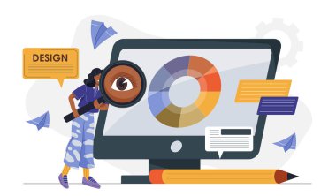 Web tasarımcısı kadın. Bilgisayar ekranının yanında büyüteçle renk paleti olan genç bir kız. Grafik tasarımcısı ve dijital sanatçı. UI ve UX elemanları oluşturuluyor. Düz vektör illüstrasyonu