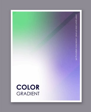 Renk eğrisi posteri. Soyut desenler ve süsler. Mavi, yeşil ve beyaz renkler. Holografik bulanıklık. Canlı ve modaya uygun kitapçık. Düz vektör çizimi gri arkaplanda izole edildi