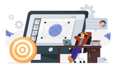 Bir tasarımcı, dijital grafik gösteren büyük bir ekranla bir masada dinlenir. Yaratıcılık, tasarım süreci ve üretkenlik kavramı