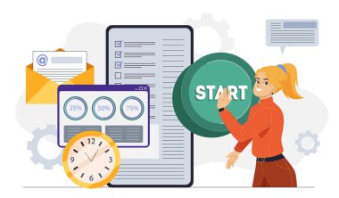 Beyaz arka planda kontrol listesi, saat, grafik ve e-posta gibi verimlilik sembolleriyle çevrili büyük bir başlama düğmesine basan kadın. Verimlilik kavramı