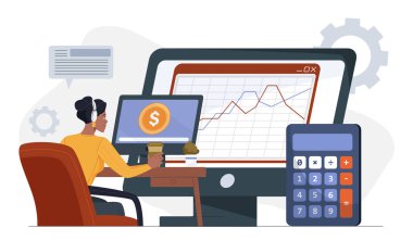 Kulaklık takan bir kadın bilgisayar ekranında mali verileri analiz ediyor. Haritalar, hesap makinesi ve kahve fincanı ile. Finans yönetimini temsil ediyor.