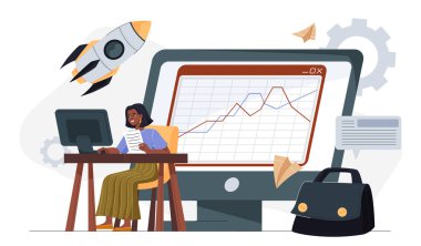 Bir iş kadını, artan bir grafik ve roket gelişimi sembolize ederek, bir bilgisayar ekranında borsa büyümesini analiz etmek için masasında çalışıyor. Vektör İllüstrasyonu