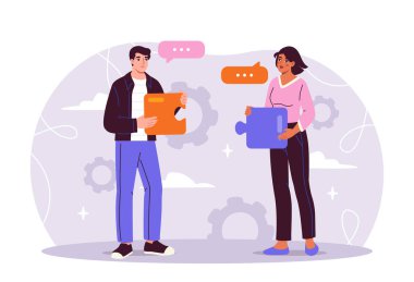 Kadın ve erkek bulmaca parçaları tutuyor, takım çalışmasını ve işbirliğini sembolize ediyor, soyut unsurlarla aydınlık bir arkaplanda. İş konsepti