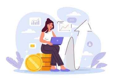 Dizüstü bilgisayarlı bozuk paraların üzerinde oturan kadın finansal büyüme grafiklerini analiz ediyor ve mavi arka planda yukarı doğru ok atıyor. İş stratejisi kavramı