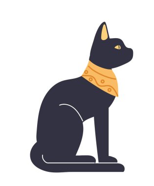 Elegant black Egyptian cat with golden collar sitting in profile on white background. Representation of ancient Egyptian culture and mythology clipart