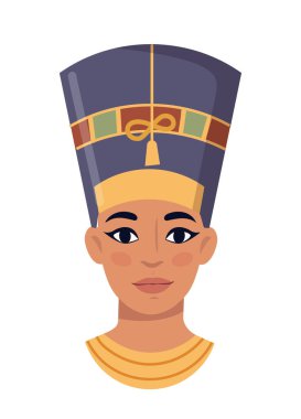 Geleneksel bir başlık takan, beyaz bir arka planda düz bir takı takan eski bir Mısır kraliçesinin tasviri kraliyeti simgeliyor.