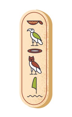 Ancient Egyptian cartouche with hieroglyphic symbols of birds and objects on a textured surface. Historical concept on a white background clipart