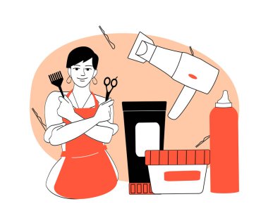 Kuaför elinde makas ve tarak tutuyor, soyut bir arka planda saç şekillendirme aletleri ve ürünlerle çevrili. Kuaförlük ve güzellik kavramı