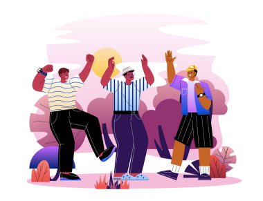 Arka planda ağaçlar ve güneş olan bir parkta dans eden üç mutlu adam. Sahne neşe, dostluk ve kutlama içerir.