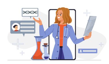 Laboratuvar önlüklü bir kadın doktor akıllı telefonla sanal danışmanlık yapıyor, beyaz arka planda test tüpleriyle DNA araştırmalarını tartışıyor. Sağlık hizmetleri kavramı