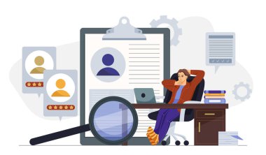 Acemi er bir büyüteçle devam ediyor, elinde dizüstü bilgisayarla bir masada oturuyor. Aday profilleri ve belgelerle soyut arkaplan