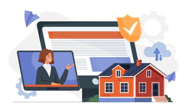 Diz üstü bilgisayarda, evde ve beyaz arka planda güvenlik sembollerinde bir ajanla dijital gayrimenkul işlem kavramı