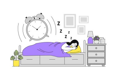 Çalar saat çalarken bir kadın yatakta huzur içinde uyuyor. Yatak odasında bir komodin, lamba ve dekor var. Uyanış konseptini taşıyor.