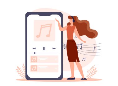 Kulaklıklı bir kadın akıllı telefondan müzik dinliyor, müzik uygulaması olan büyük bir ekranın yanında duruyor, beyaz bir arka planda,