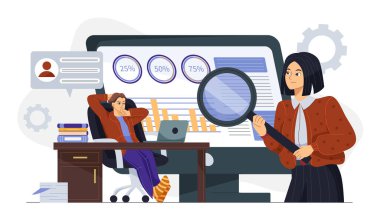 Bir iş kadını, takvim ve büyüteçle ekranda mali tabloları ve grafikleri analiz ederek veri analizini ve planlamayı sembolize ediyor.