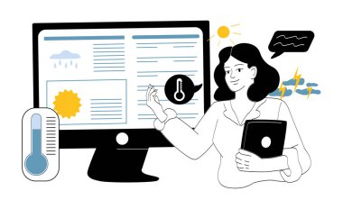 Sıcaklık, yağmur ve güneş ikonlarının yer aldığı büyük ekranda hava verilerini analiz eden tabletli bir kadın meteorolog. Modern dijital tahmin kavramı