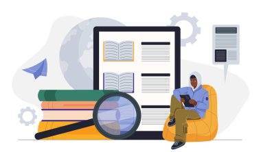 Genç adam tablet, kitaplar, büyüteç ve beyaz arka planda dijital belgeler okuyor. Çevrimiçi eğitim ve araştırma kavramı