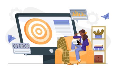 Kanepede oturan bir kadın dijital ekranla verileri analiz ediyor çizelgeleri ve hedefi gösteriyor. İş analizi konseptiyle rahat ev ortamları