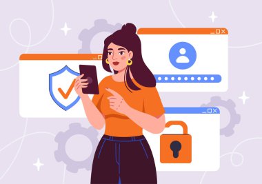 Arka planda kalkan, kilit ve şifre alanları gibi güvenlik simgeleri olan akıllı telefon kullanan bir kadın. Veri koruması kavramı