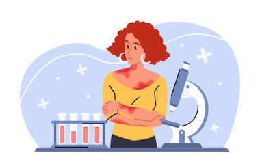 Mikroskop yanında duran tahriş olmuş cilt ve kızarıklıkları olan bir kadın ve masada test tüpleri, kollar çapraz, endişeli ifade, tıbbi konsept.