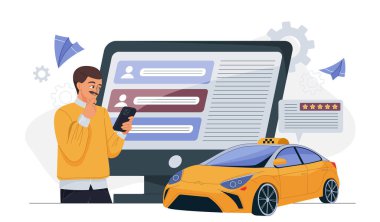Adam akıllı telefondan taksi rezervasyonu, çevrimiçi yorumlar ve dijital arayüz, modern araba, beyaz arka plan, ulaşım konsepti için kullanıcı reytinglerini kontrol ediyor.