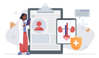 Kadın doktor, tabletteki dijital üroloji taramasıyla hastanın tıbbi kayıtlarını inceliyor. Beyaz arka planda sağlık konsepti