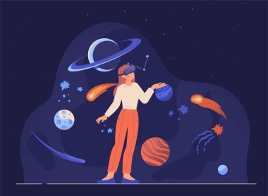 VR kulaklık takan bir kadın karanlık bir kozmik arka planda gezegenler ve yıldızlarla dolu sanal bir alanla etkileşime geçiyor ve gelecekteki teknolojiyi simgeliyor.