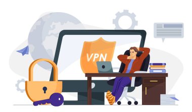 Masasında dizüstü bilgisayarı olan bir adam, büyük ekranda VPN kalkanı, asma kilit ve anahtarı gösteriyor. Teknoloji ve güvenlik unsurları ile soyut arkaplan