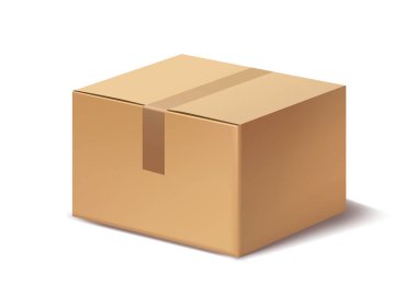 Brown cardboard box sealed with packing tape, placed on a white background. The box is depicted in realistic vector style, representing shipping, delivery, and packaging concepts. Vector illustration clipart