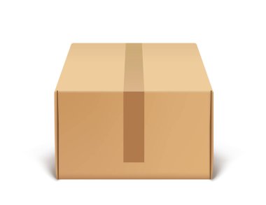 Kahverengi kapalı karton kutu bantla mühürlenmiş, beyaz arka plana yerleştirilmiş. Kutu gerçekçi bir şekilde tasvir edilmiştir. Paketleme, nakliye ve teslimat kavramı. Vektör illüstrasyonu