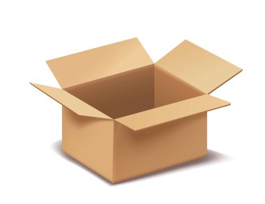 Brown open cardboard box with flaps spread outward, placed on a white background. Concept of packaging, shipping, delivery, storage, and transportation. Vector illustration clipart